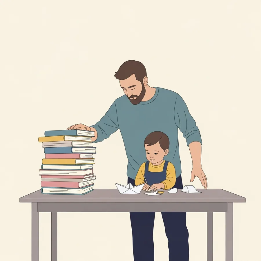 Vater vor einem Stapel Erziehungs- und Bastelbücher